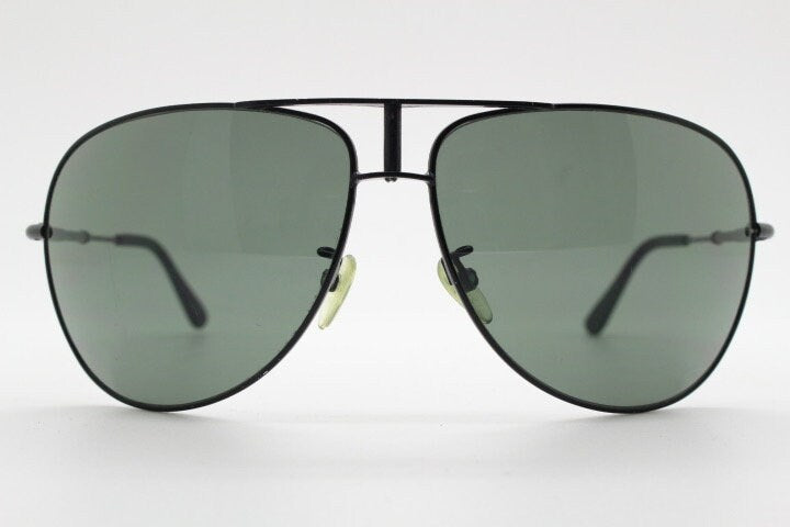 Loewe vintage aviator sunglasses in a tall black gloss frame with dark green lenses. Mens large teardrop pilot aviators. Y2K New Old Stock