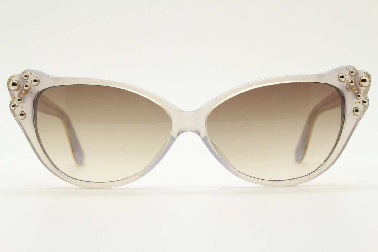 Agent Provocateur cateye sunglasses made in Japan by Linda Farrow. Womens beige glitter frame cat eye with gold studs. NOS vintage