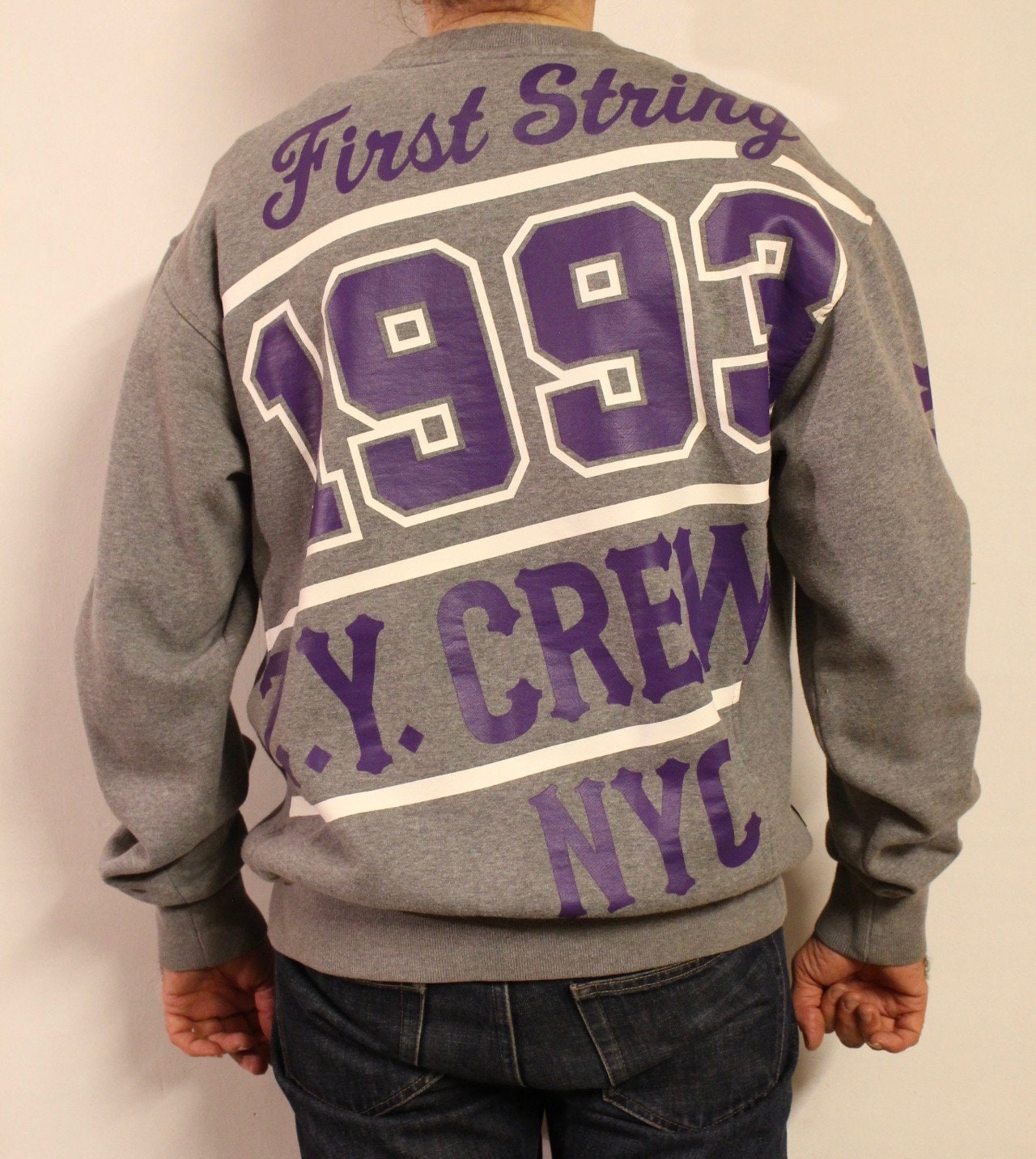 Zoo York vintage sweatshirt. Grey crew neck pullover with massive purple spell out graphic vinyl print. Round neck jumper. Mens medium