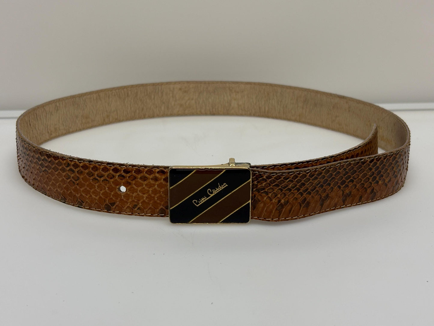Pierre Cardin 80s vintage belt in genuine snakeskin with neat sized rectangular enamelled black and brown striped buckle. Made in Italy