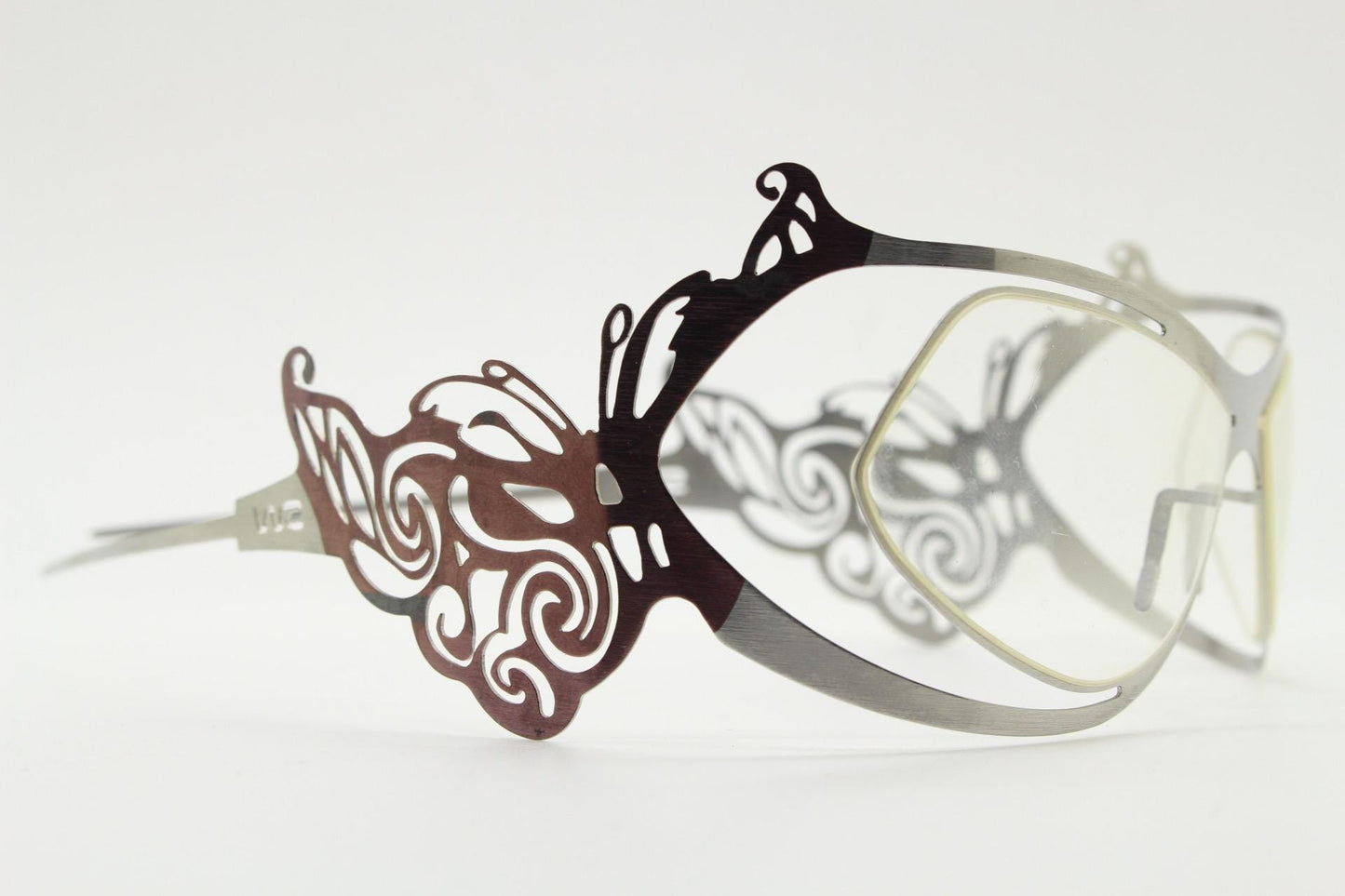 Slav Novosad wearable art eye wear. Design classic in inventive flat 2 tone stainless steel. Radical fashion visor. Fantasy sun glasses
