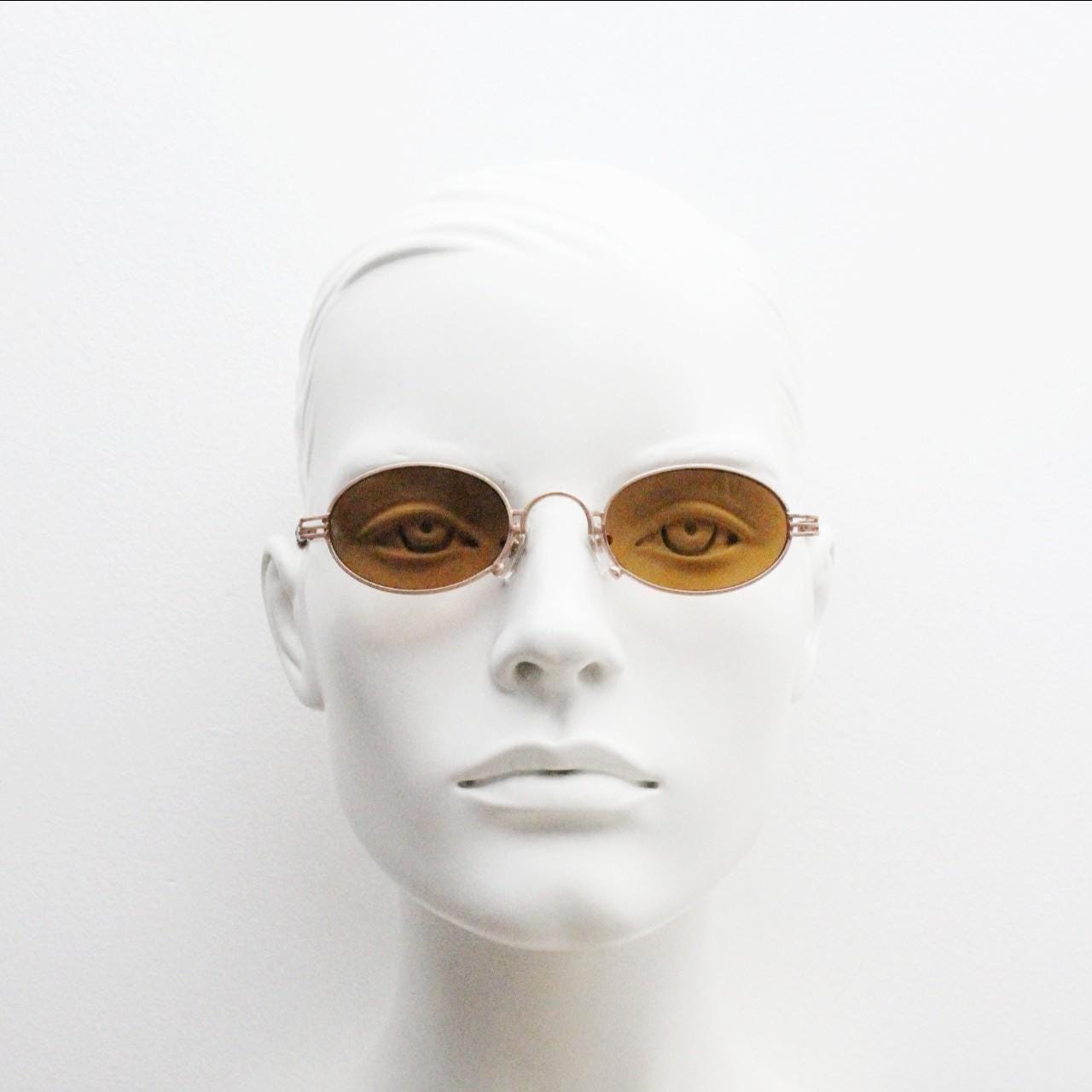 90s oval vintage metal sunglasses. Minimal small satin finish gold metal micro frame with brown lenses. Steampunk. Unused NOS