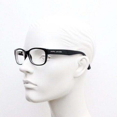 Marc Jacobs rectangular low profile eye glasses. Chunky plain black gloss acetate optical frames. Prescription eyeglasses. RX spectacles
