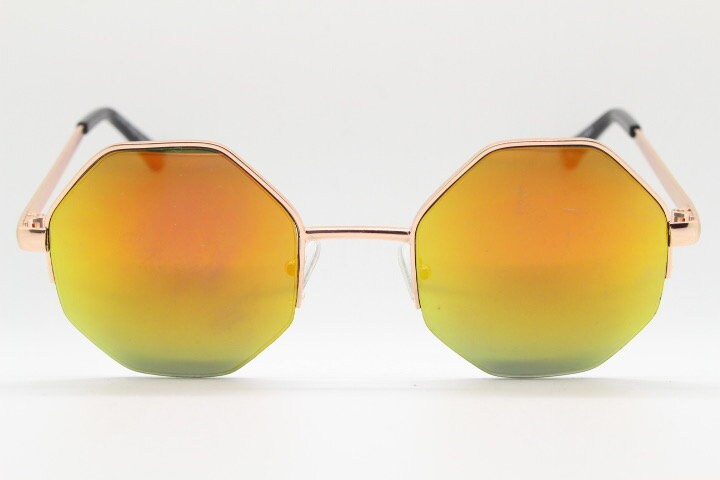 90s vintage octagon sunglasses. Blue 8 sided 60s design glasses with minimal half frame and gold arms. Hexagon. Unused NOS