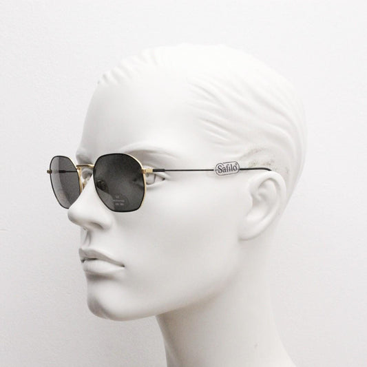 Safilo 90s vintage angled rectangular sunglasses made in Italy. Flexible black wire  metal frame with gold trim and green lenses. BNWT NOS