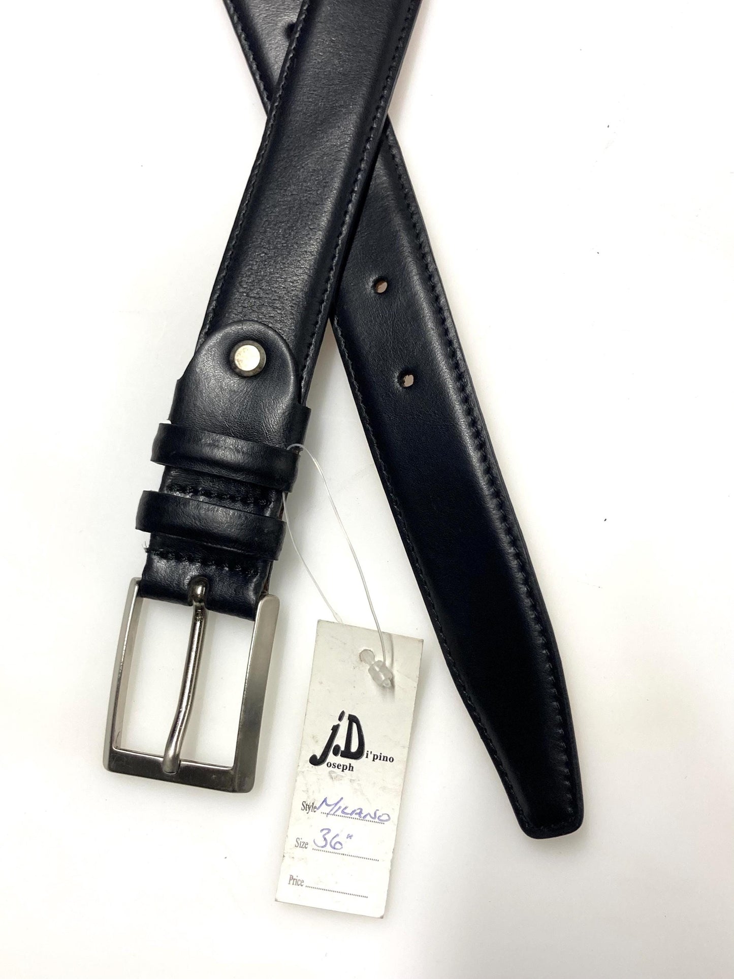 90s vintage black genuine leather belt made in Italy by Joseph Di Pino. Minimal straightforward design with stitched sides. BNWT