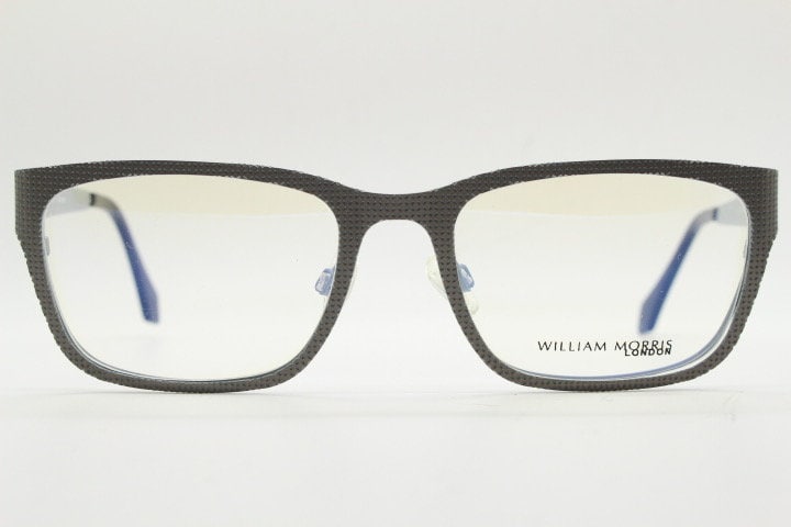 William Morris London rectangular eye glasses. Grey flat metal optical frames with textured check surface. Prescription RX eyeglasses