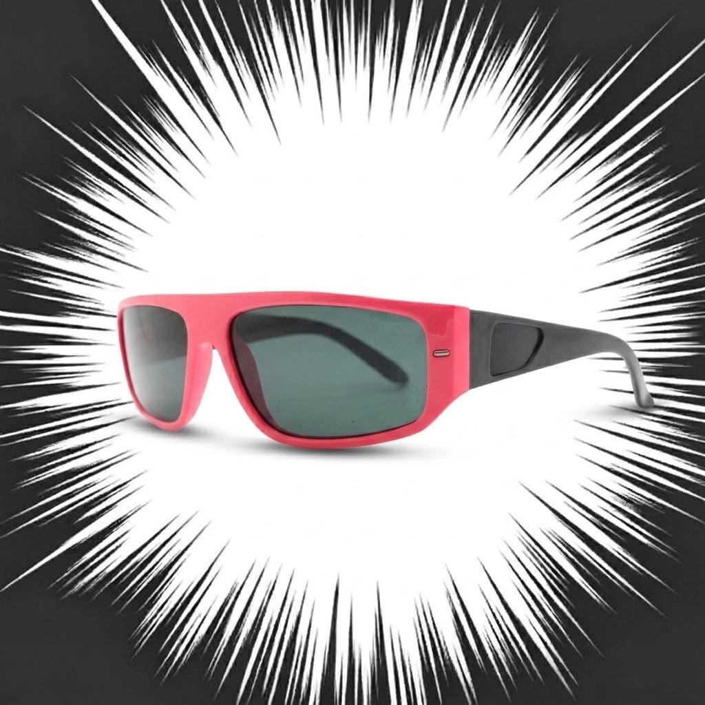 80s vintage 2 tone sunglasses. Aerodynamic flat top shield style wrap around frame in pink and black with real glass lenses. Unused NOS