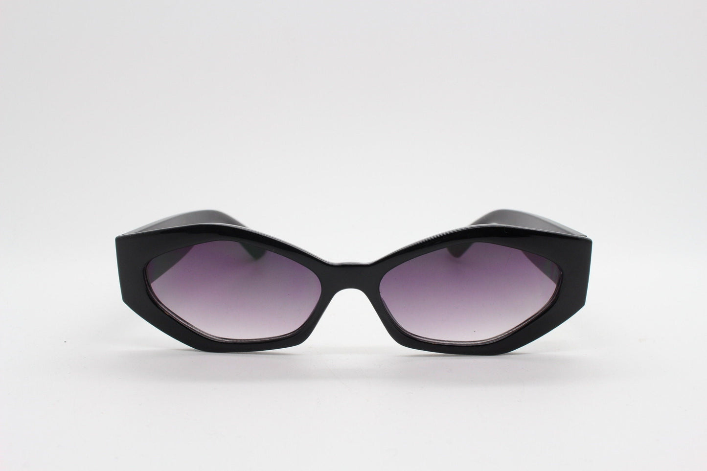 Vintage 90s low profile hexagon sunglasses. Jet black sharp angled 6 sided frame with full height arms and smoky lenses. Unused  BNWT