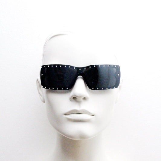 Y2K vintage shield sunglasses with diamante. Black wrap around mini mask style with curved mono lens. 2000s unused NOS. Visor