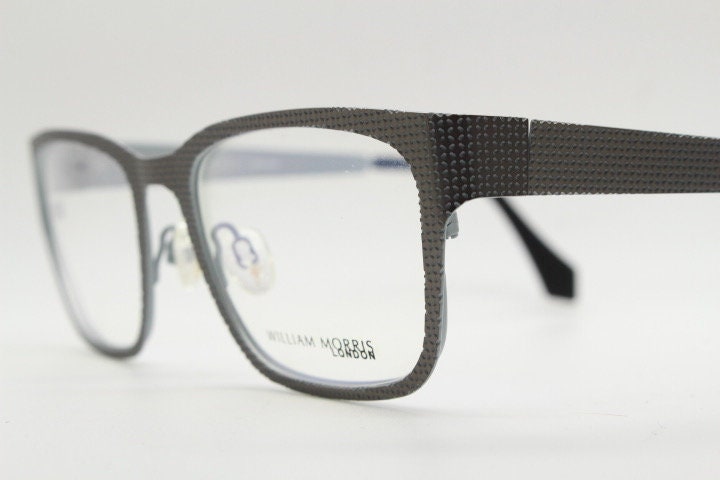 William Morris London rectangular eye glasses. Grey flat metal optical frames with textured check surface. Prescription RX eyeglasses