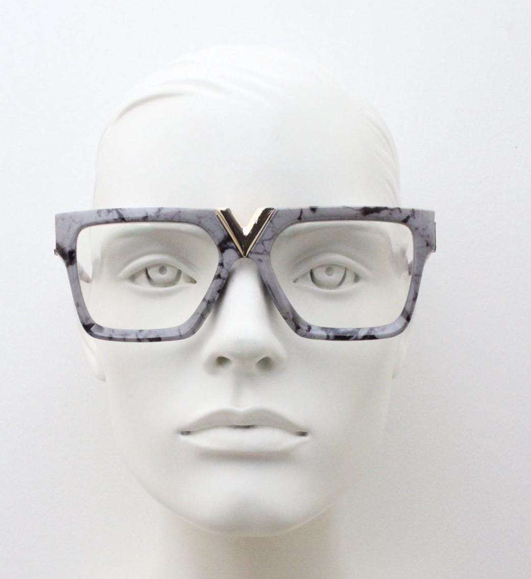 Grey marble flat top oversized eye glasses. Extreme fashion statement chunky optical frame with V bridge. Prescription. Vintage. RX  NOS