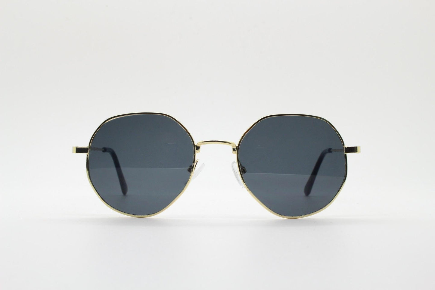 90s vintage modified aviator sunglasses, 6 sided soft angled metal frame in gold chrome with indented patterned arms. Unused NOS