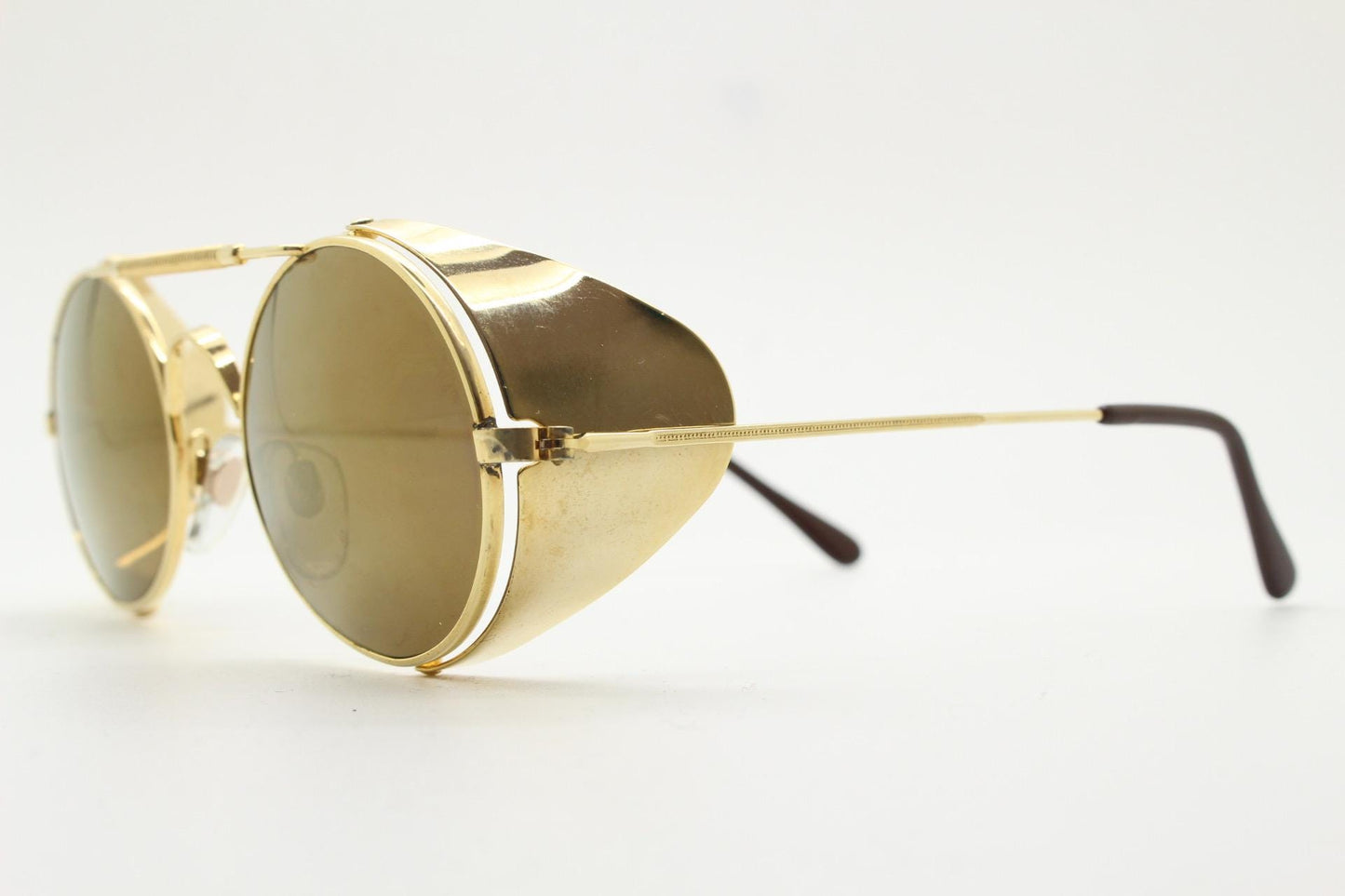 Farrows by Linda Farrow vintage 80s goggle sunglasses model 365. Gold chrome glacier design with matching mirror lenses. Blinkers. NOS