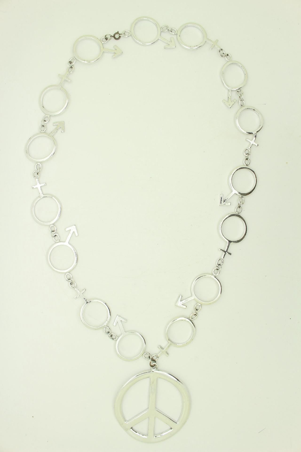 90s vintage massive chain necklace. Bombastic silver chrome with CND 'peace' emblem. Essential original ravers accessory. Unused NOS