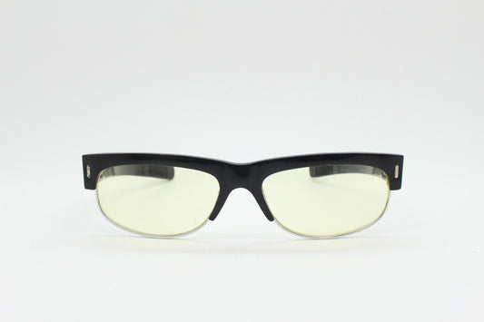 90s vintage half frame glasses. Black gloss low profile flat top design with straight arms and clear lenses. Unused NOS