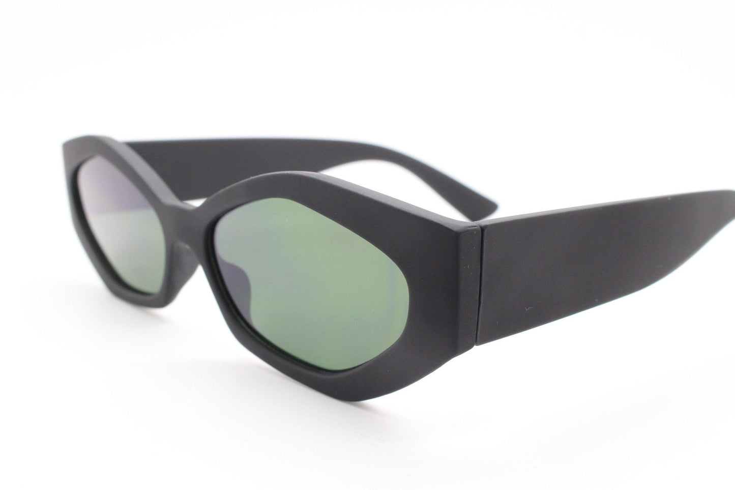 Vintage 90s low profile hexagon sunglasses. Jet black sharp angled 6 sided frame with full height arms in a matt rubber finish. Unused  BNWT