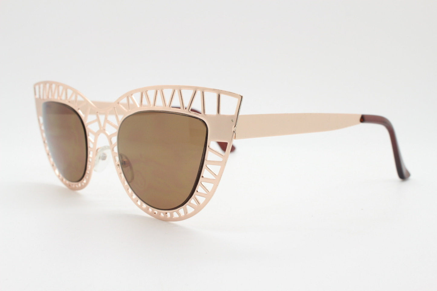 Y2K vintage metal cat eye sunglasses.  Women's extraordinary gold cut out lattice scaffold cateye frame with brown lenses. 2000s. BNWT