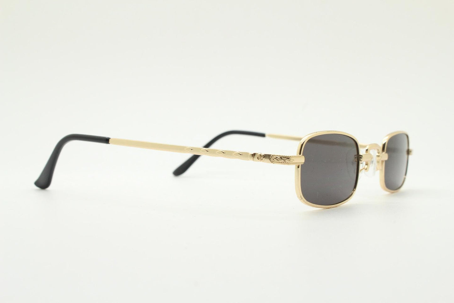 90s vintage small rectangular sunglasses. Imposing minimal gold metal victorian style frame with black lenses. Steampunk. Unused BNWT