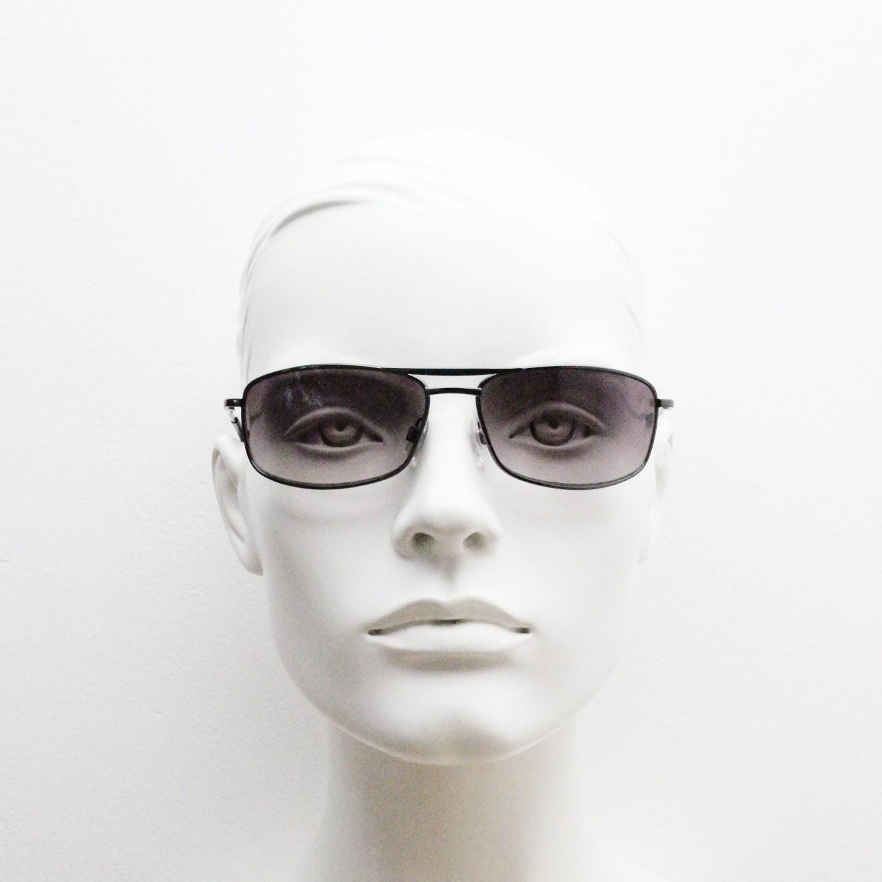 90s vintage rectangular wrap around sunglasses. Gunmetal chrome curved frame aviators with light tone gradient lenses. Unused NOS