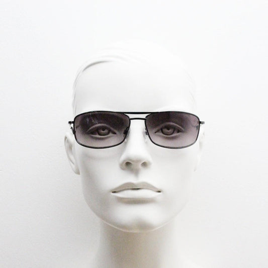 90s vintage rectangular wrap around sunglasses. Gunmetal chrome curved frame aviators with light tone gradient lenses. Unused NOS