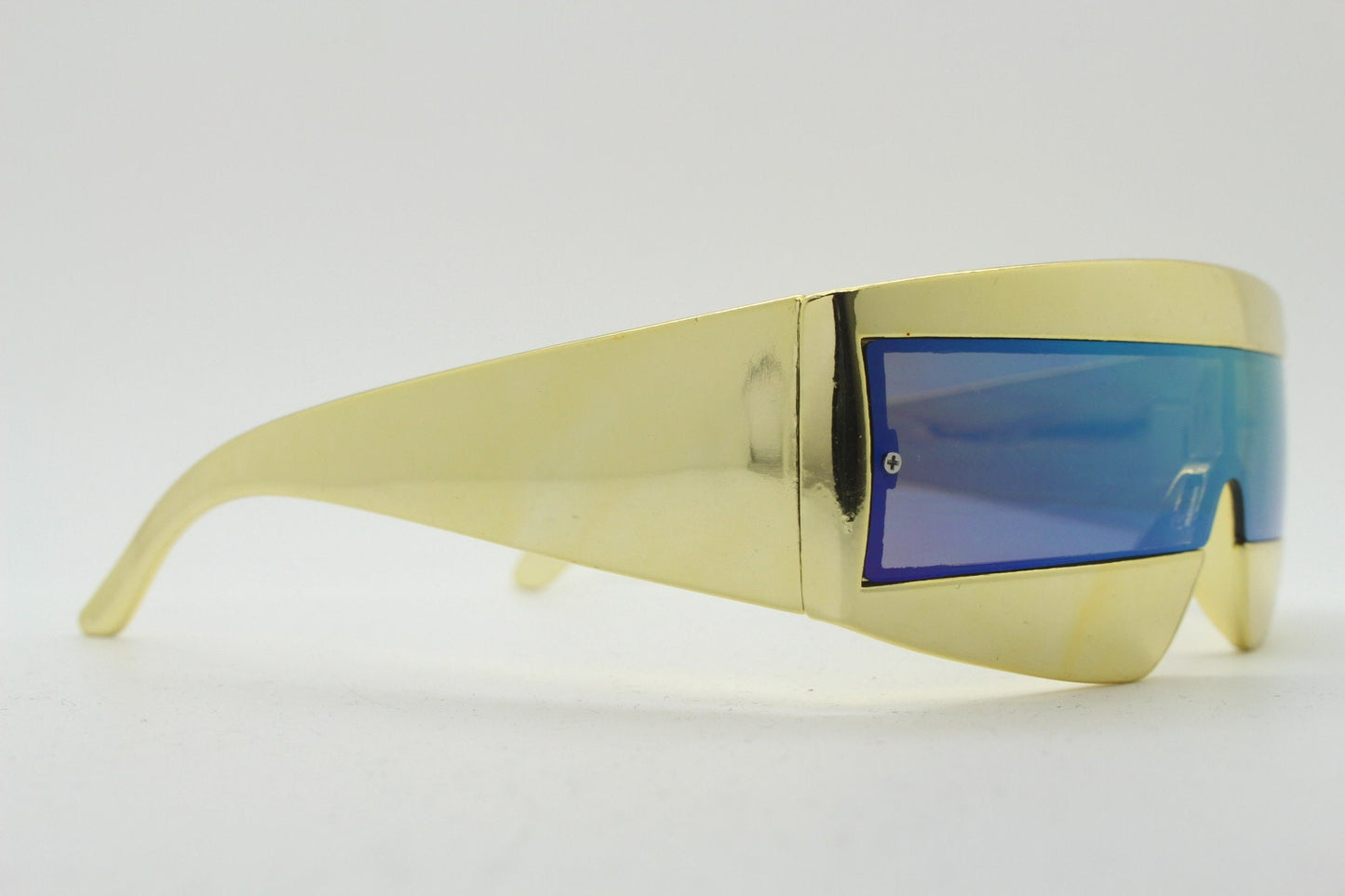 Y2K vintage square visor sunglasses. Gold 80s style robot shield design. Mirror mask mono lens with full height arms. 2000s NOS BNWT