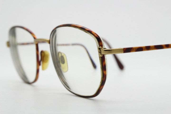 Giorgio Armani 90s vintage angular squared eye glasses made in Italy. Subtle metallic satin tiger print optical frames. Prescription RX