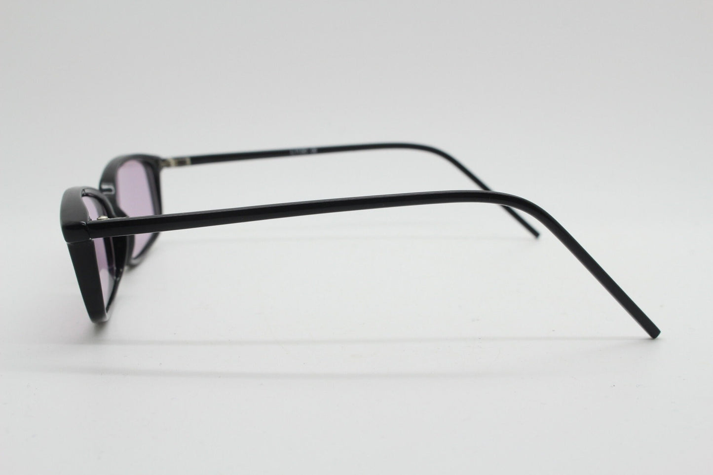 90s vintage rectangular sunglasses. Slim low profile black gloss frame with extra light tone lilac purple lenses. Y2K 2000s. BNWT Unused NOS