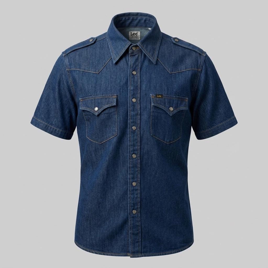 LEE 70s vintage short sleeve mens shirt. Blue denim western design with yolked pockets and back, epaulettes and brass popper buttons. NOS
