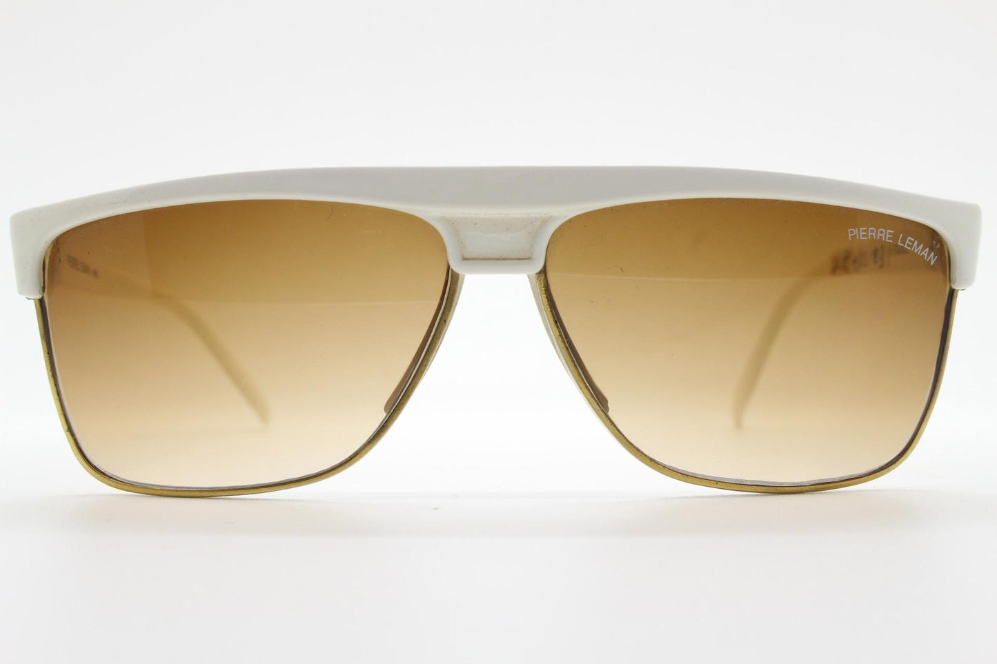 Pierre Leman Paris 80s vintage rectangular sunglasses made in France. Ice white flat top half frame with brown graduating lenses