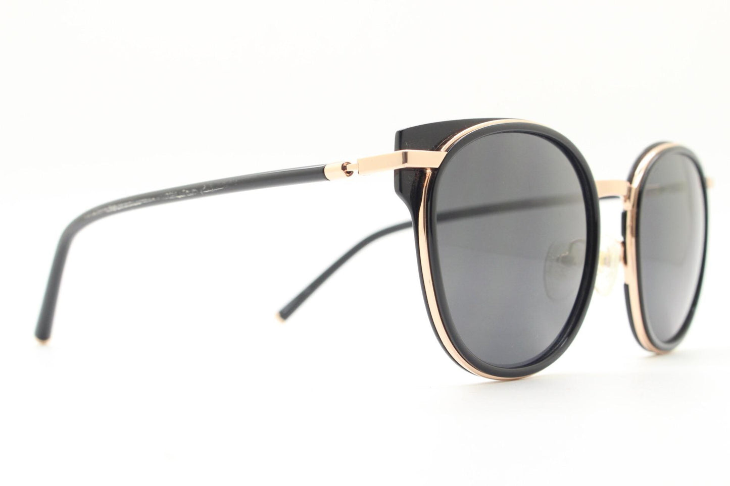 Carin round cat eye sunglasses, Gold metal frame with black cateye insets and matched dark tone lenses and slender arms