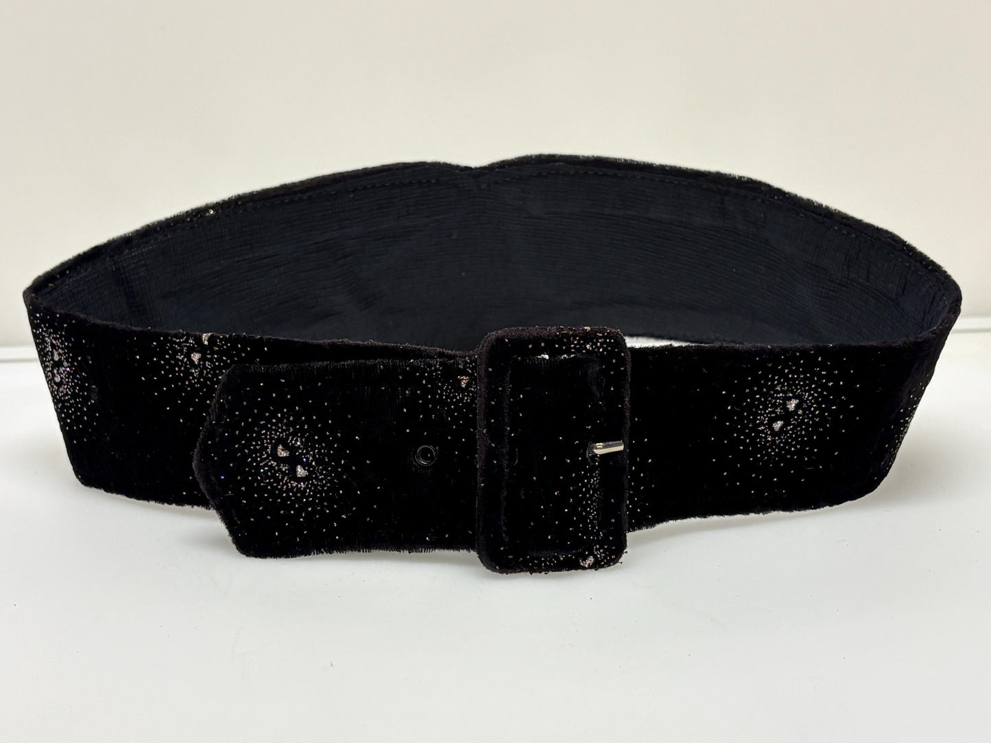 80s vintage womens flattering V shaped belt for a dress. Black velvet with spectacular glitter constellations. Unused NOS