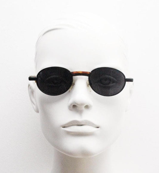 90s oval vintage metal sunglasses. Classic 1990s features of minimal satin finish solid frame with matt tortoise arms. Steampunk. Unused NOS