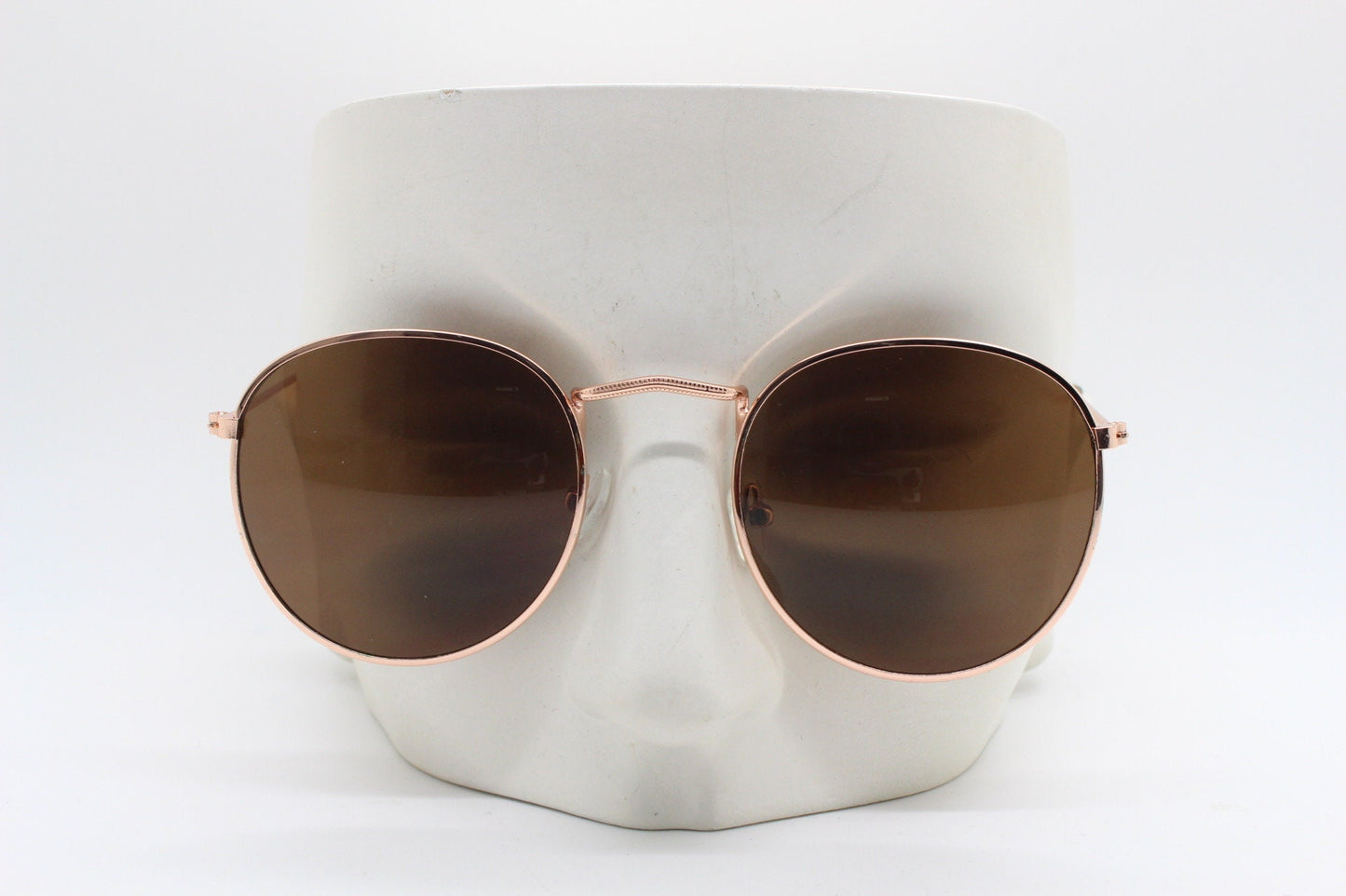 90s vintage round metal sunglasses, 60s style rose gold frame with brown lenses. NOS panto
