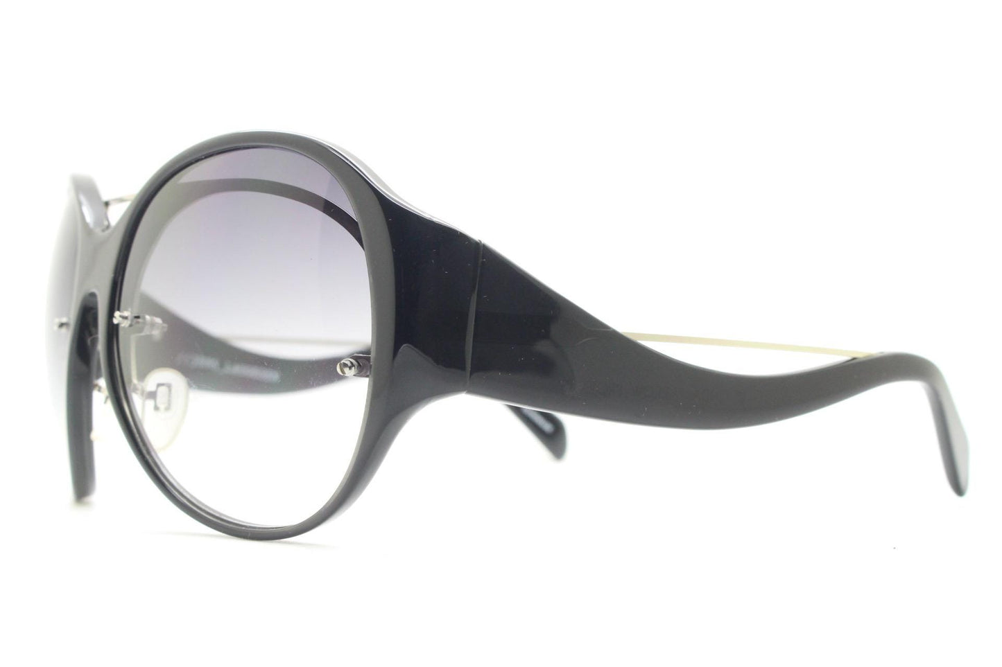 Jens Laugesen oversized sunglasses hand made by Linda Farrow. Black frame with undulating arms and smoky lenses. 70s design. Vintage. NOS