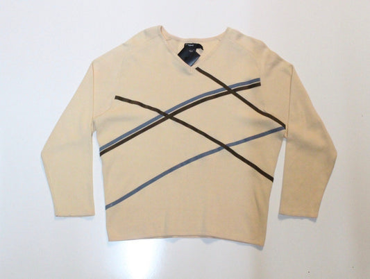 Gabicci vintage cotton knit argyle jumper in yellow with brown stripes. Mens crew neck sweater. BNWT. Round neck pullover