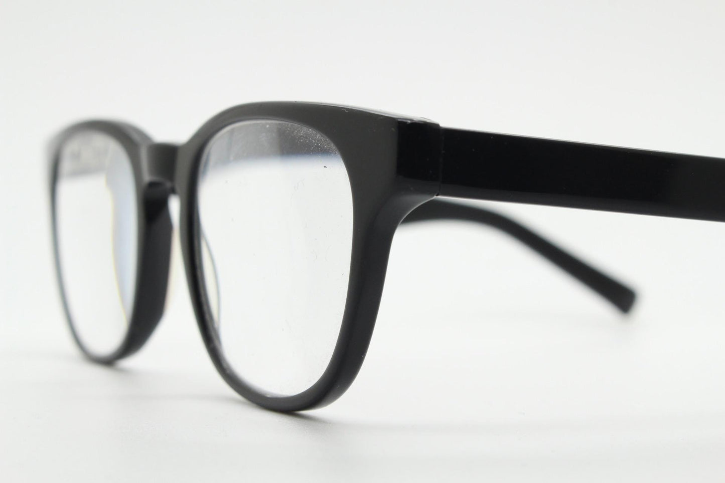 Andi Black rectangular horn rim eye glasses. Black gloss 40s design acetate optical frames with keyhole bridge. Prescription RX spectacles