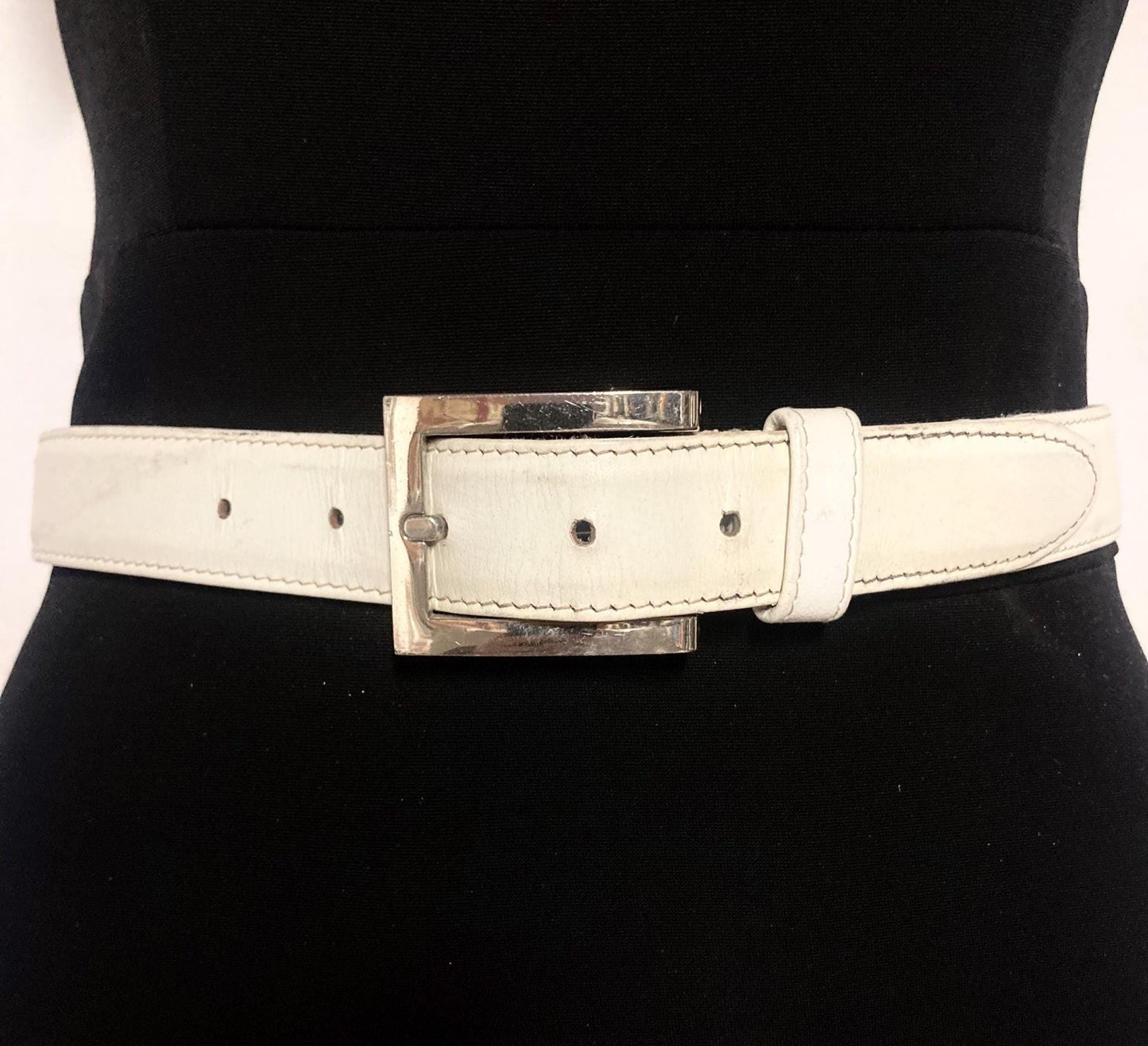 90s vintage womens dress or jeans belt by French Connection. Plain white genuine leather with chrome solid brass buckle. Made in England