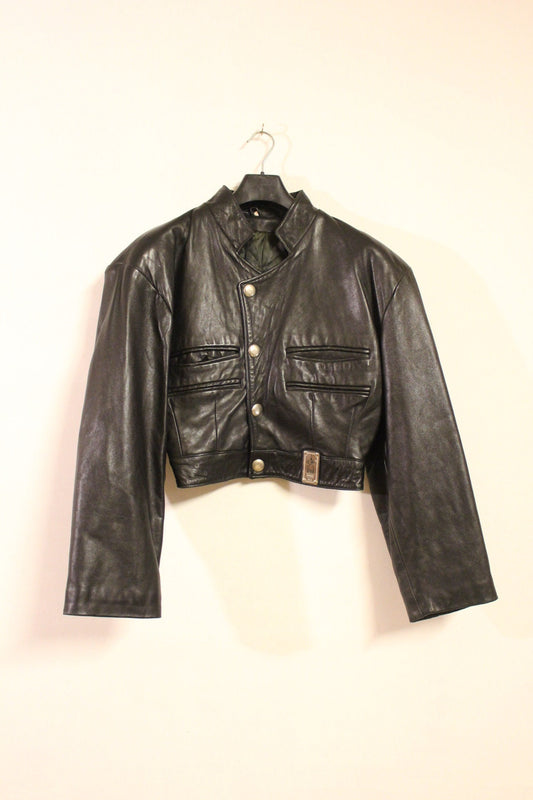 Hi-Tech 90s vintage black leather jacket. Made in England. Cropped oversized blouson design. Double breasted with chrome metal