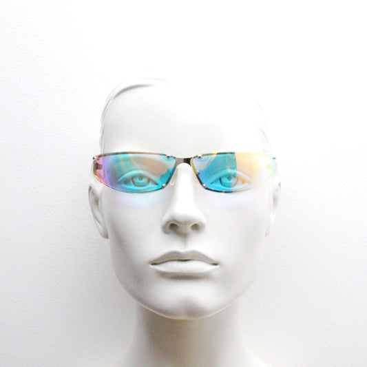 Y2K vintage wraparound sunglasses. Minimal chrome frame with light tone curved gold colour burst mirror lenses. 2000's. 90s. NOS
