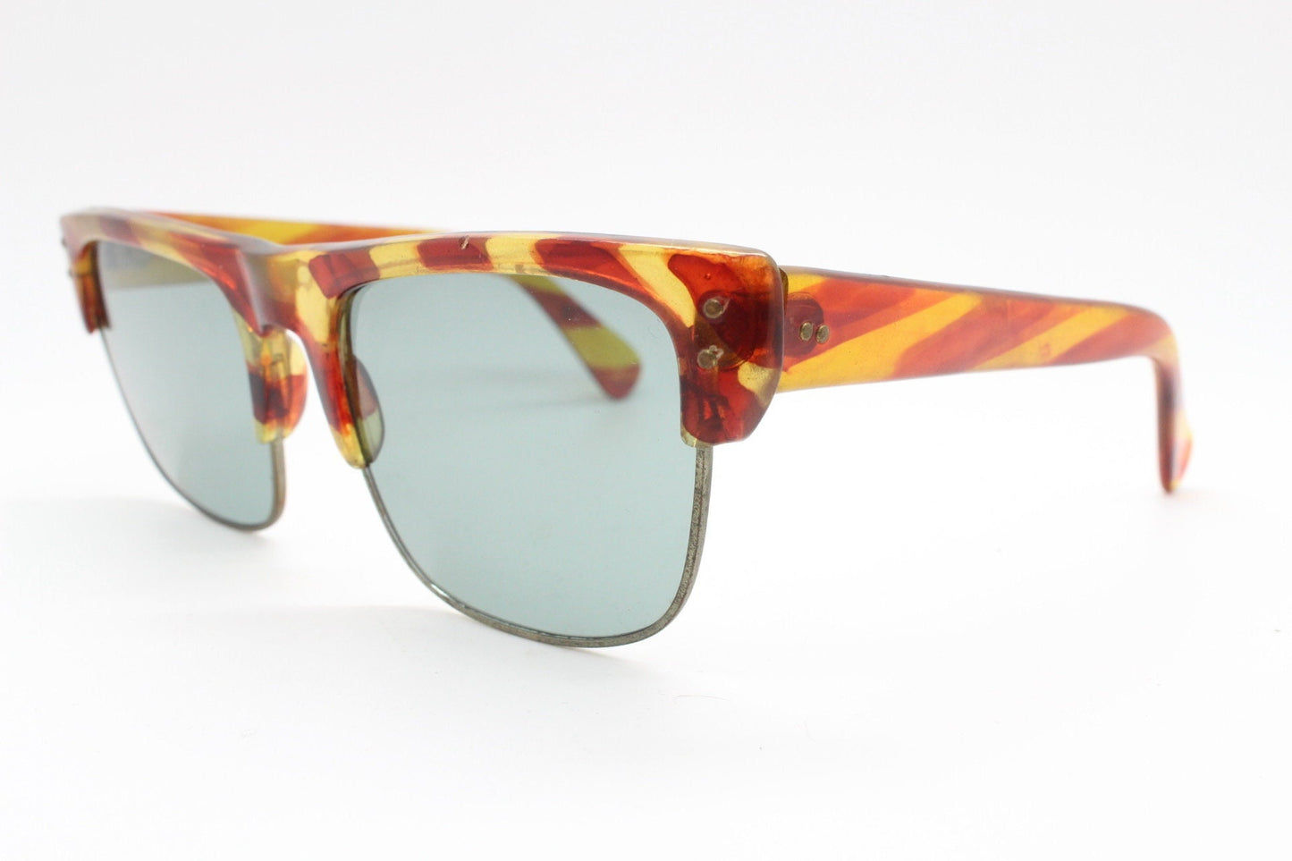 60s vintage low profile wide wayfarer style sunglasses. Mens mod transparent fat arm frame with hand finished print and real glass lenses