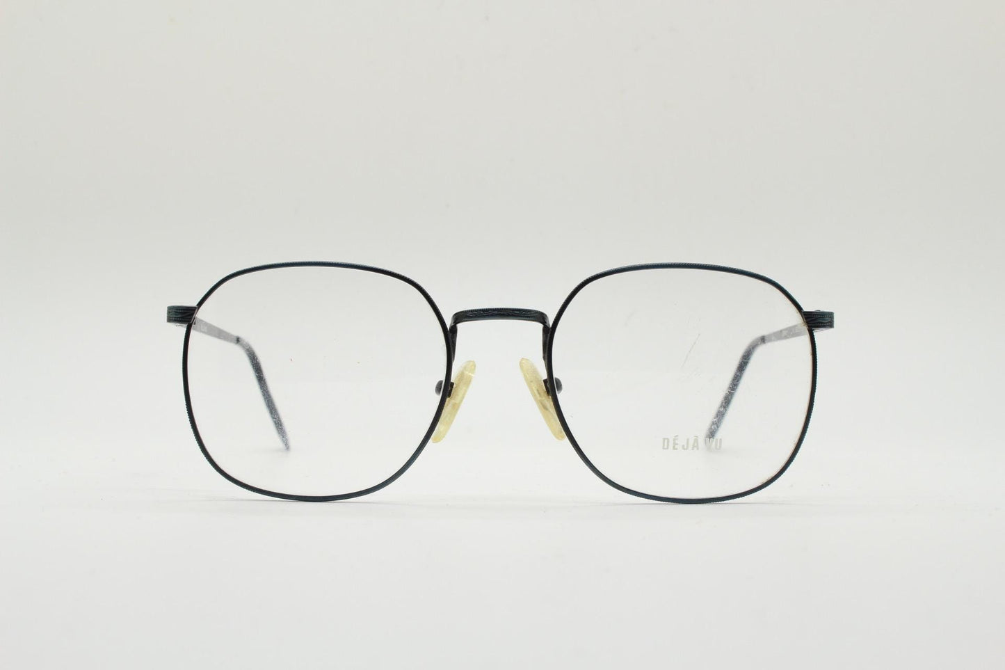 Deja Vu 80s vintage square eye glasses made in Japan. Textured minimal navy metal optical frames. Prescription RX spectacles. Unused NOS