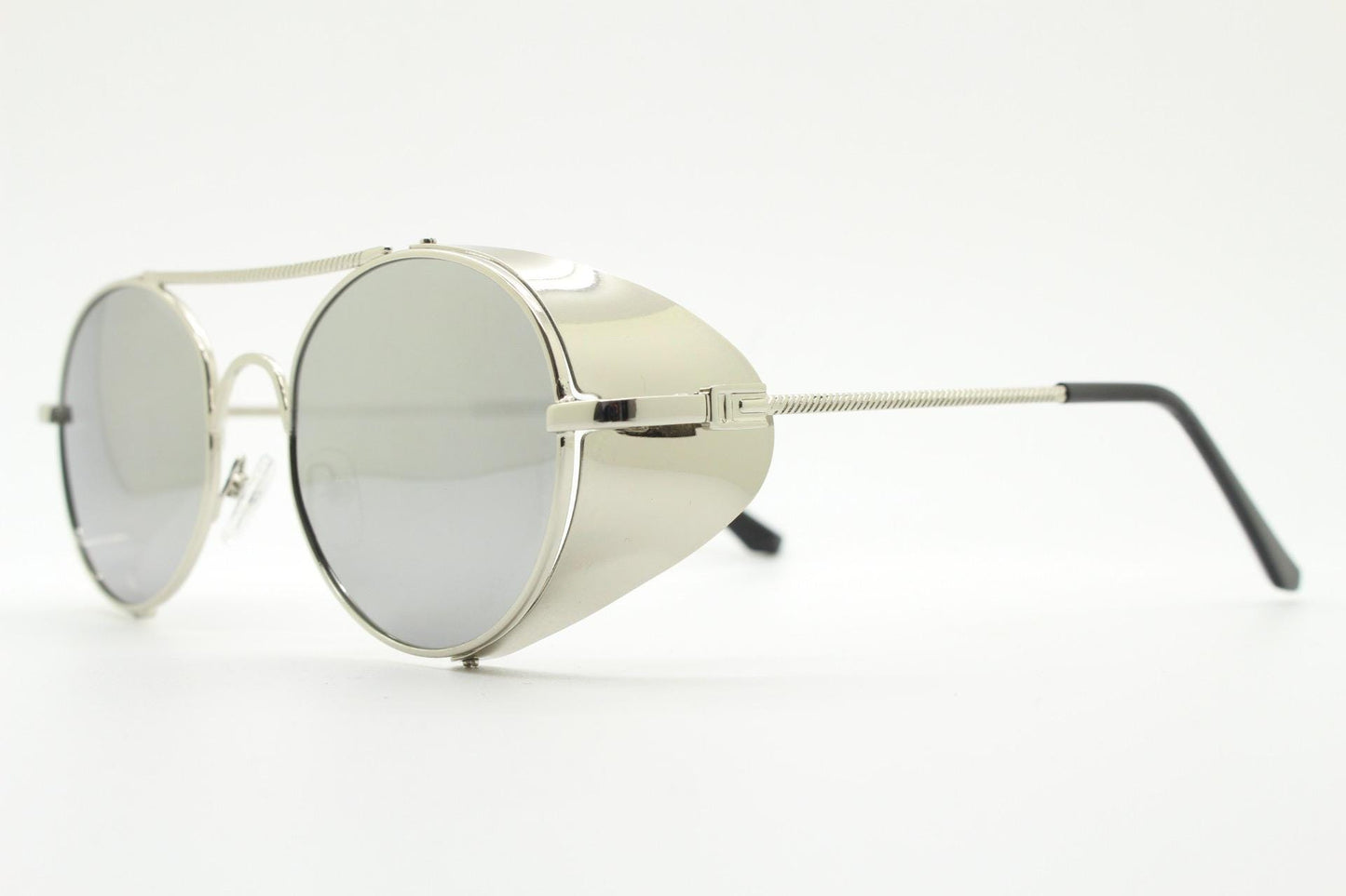 90s vintage round goggle sunglasses. All metal silver chrome frame with folding side blinkers. Spoilers. Steampunk. Cosplay. NOS