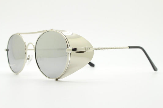 90s vintage round goggle sunglasses. All metal silver chrome frame with folding side blinkers. Spoilers. Steampunk. Cosplay. NOS