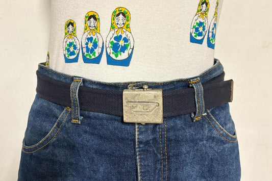 Diesel 90s vintage 1" navy blue canvas army style belt for jeans with distressed metal buckle. Fully adjustable size range