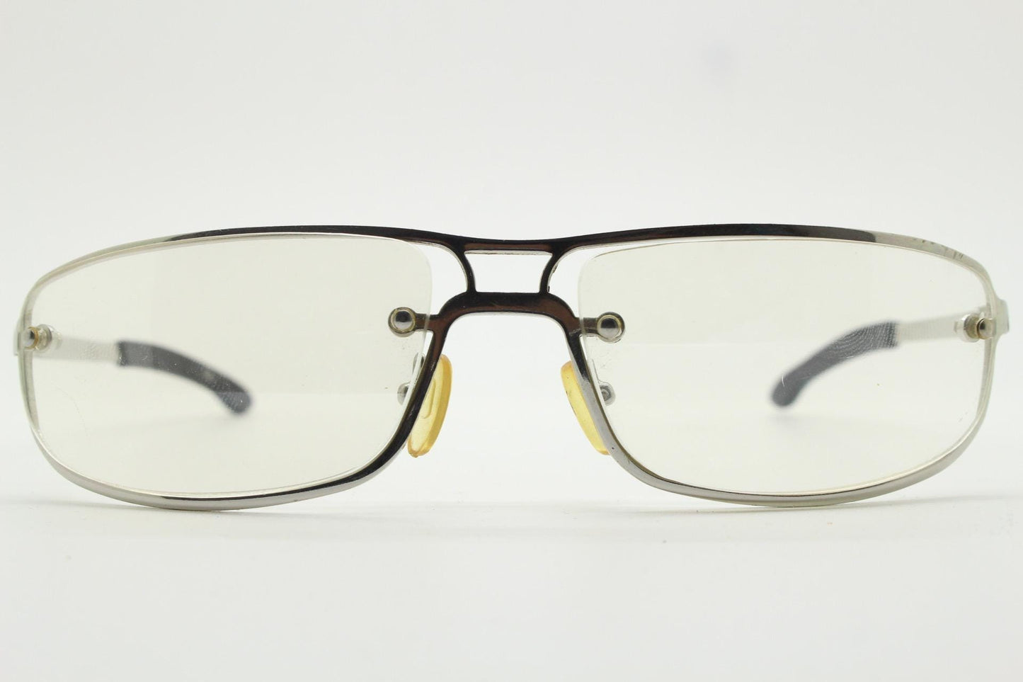 Y2K vintage rectangular aviator sunglasses. Aerodynamic racing style chrome frame  with slight mirror glazed clear lens. 2000's bug eye