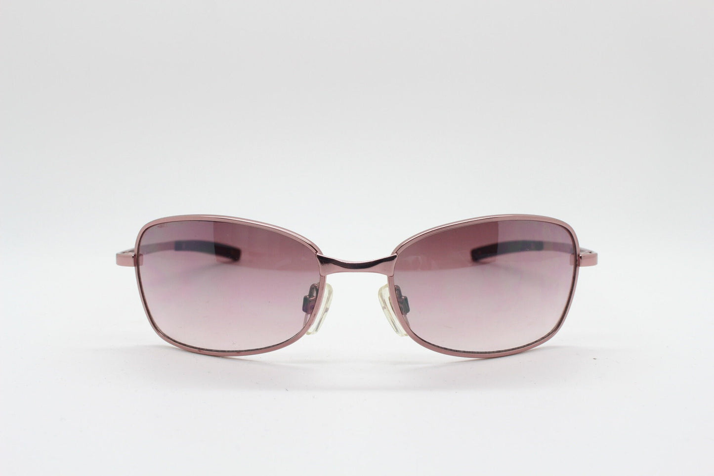 Y2K vintage curved sunglasses. Unusual Pink chrome metal frame with matching flared rectangular lenses. Unused 2000s NOS