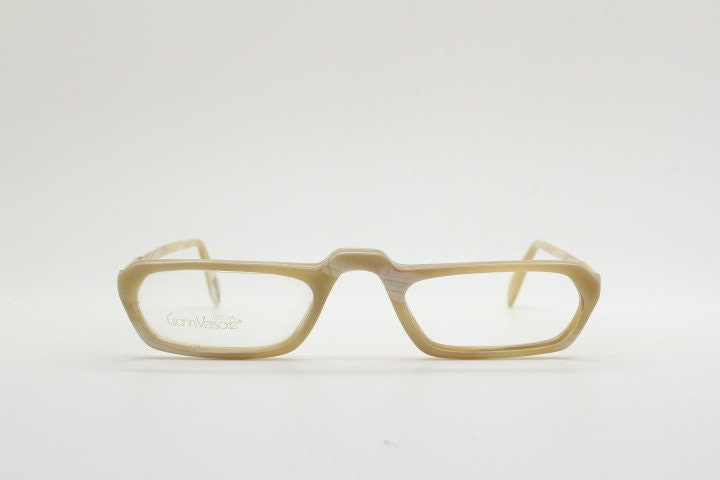 Versace rectangular 90s vintage small eye glasses made in Italy. Beige animal horn look acetate optical frames. Prescription eyeglasses. RX