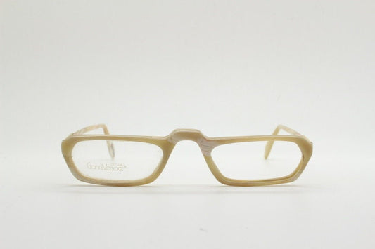 Versace rectangular 90s vintage small eye glasses made in Italy. Beige animal horn look acetate optical frames. Prescription eyeglasses. RX