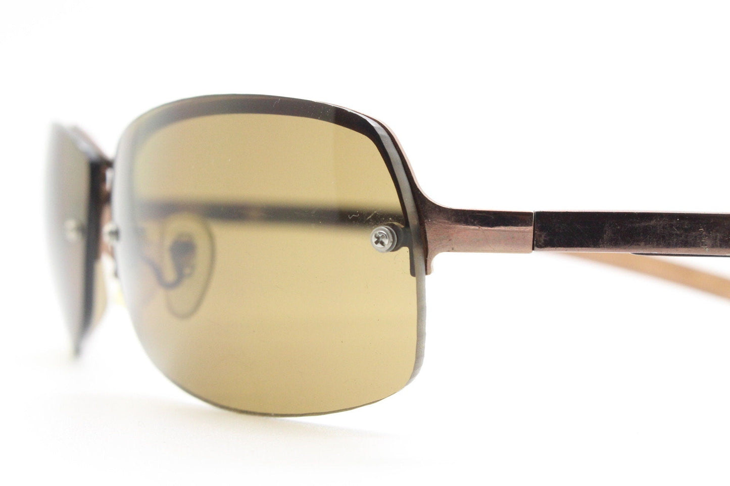 Y2K vintage modified small aviator sunglasses. Metallic brown chrome half frame with curved bug eye lenses and straight arms. 2000's. NOS